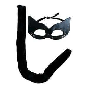 Halloween Black Cat Cosplay - Cat Lace Masquerade Mask and Tail.
